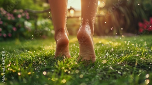 beautiful female feet in a garden with raindrops on a sunset in high resolution and high quality