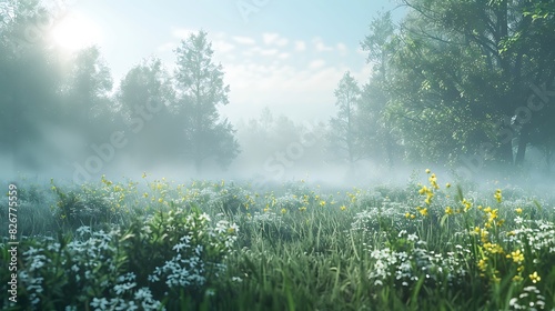 Landscape view of a misty morning in a meadow