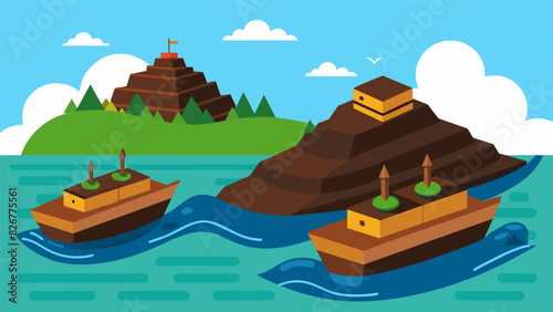 The dark nutrientrich layers of peat built up over centuries being carefully harvested and loaded onto boats for transport to nearby towns.. Vector illustration