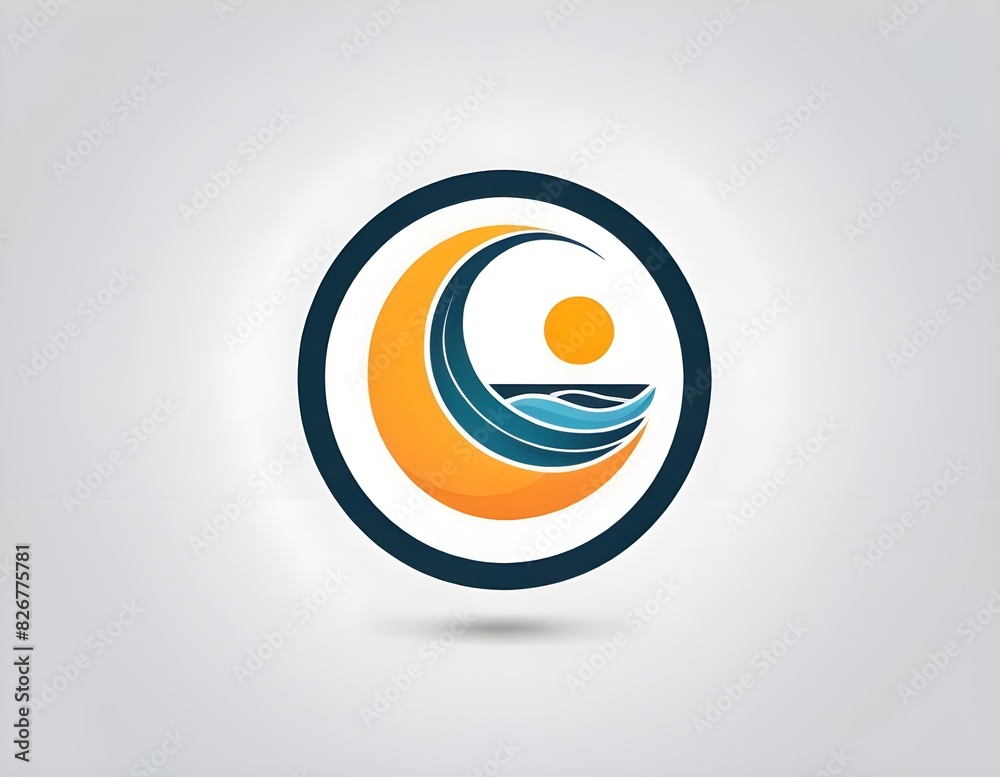 Colorful Sunset Over Ocean Waves With Bright Rays of Sunshine in Circular Design Logotype Logo