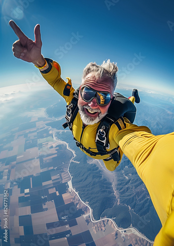 old man skydiving with guide, back view, adrenaline and adventure, parachute open in the sky, feeling of freedom, safety gear, tandem free fall, aerial view of the landscape below,