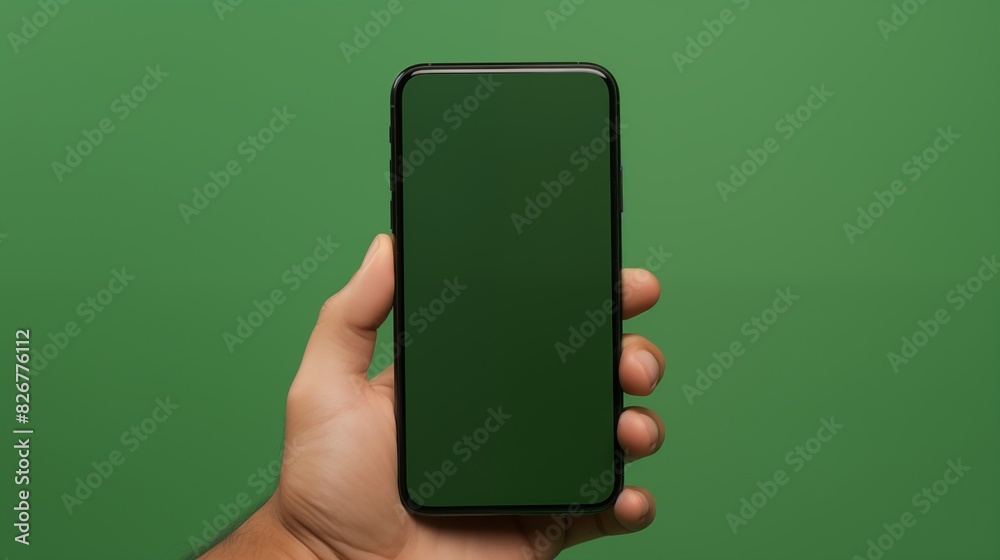 hand holding smartphone displaying a blank, green screen against a green background. hand holding smartphone displaying a blank, green screen against a green background.