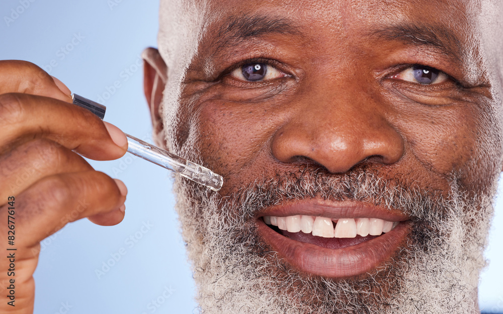 Obraz premium Senior, black man and portrait with serum in studio for skincare for moisture, balanced hydration and anti aging protection. Pipette, natural essential oil and collagen for firm skin, zoom and smile.