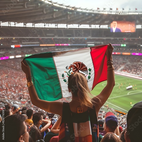 young woman waving a flag in a football stadium