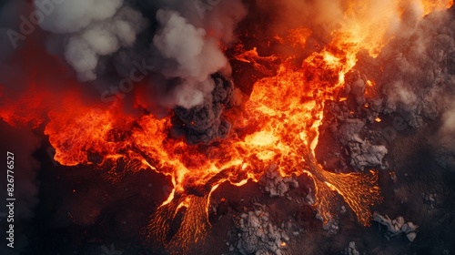 Aerial View Of Molten Lava Flow From Volcanic Eruption Captured At Dusk. Generative AI
