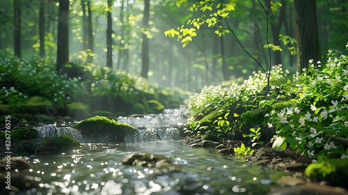 Landscape view of a lush forest with a babbling brook photo