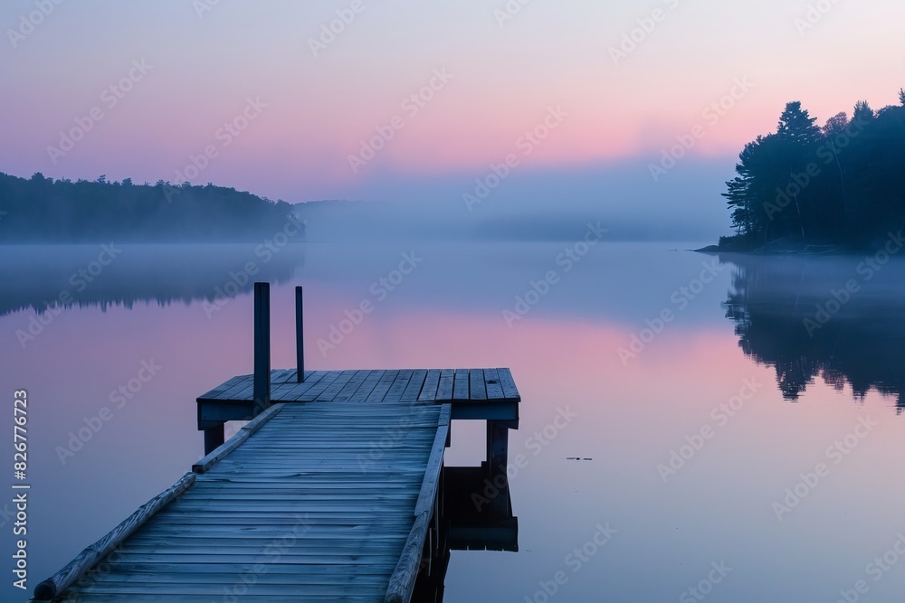Fototapeta premium Dawn on a peaceful lakefront pier. 