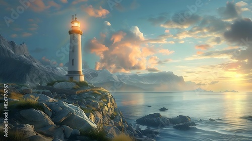 Landscape view of a lighthouse on a rocky coast photo