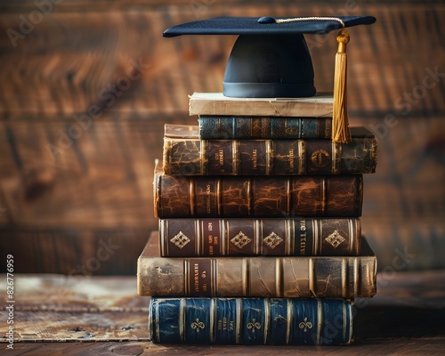 Legacy of Knowledge A Graduation Cap Upon a Stacked Collection of Old Books