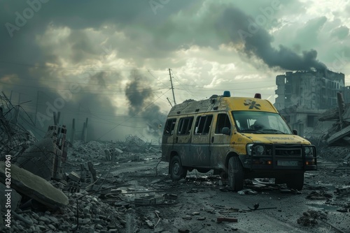 Eerie image of a desolate city in ruins, with a forsaken ambulance among the debris photo