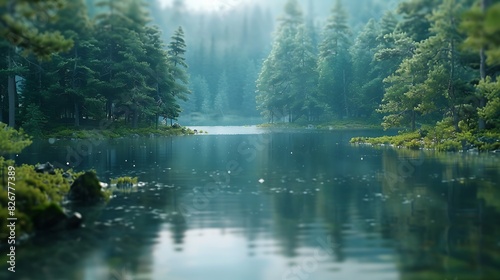 Landscape view of a lake surrounded by pine trees