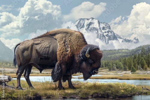 Solitary bison is captured in its natural habitat with a stunning mountain backdrop © ylivdesign