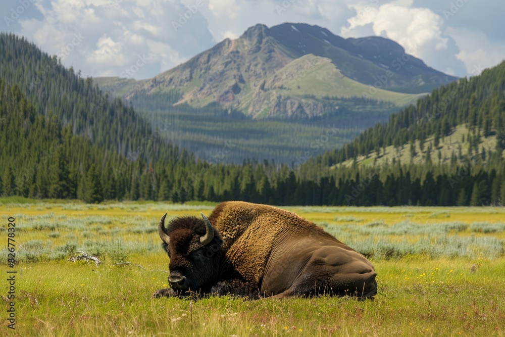 Majestic bison rests in a lush meadow with mountains in the backdrop Majestic bison rests in a lush meadow with mountains in the backdrop
