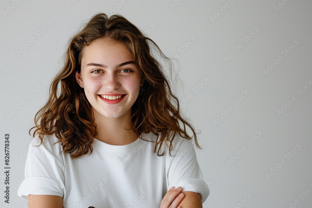 Young female model with a charming smile and crossed arms against a pure white backdrop , background blur Young female model with a charming smile and crossed arms against a pure white backdrop , background blur