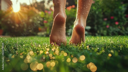 beautiful female feet in a garden with raindrops on a sunset in high resolution and high quality photo