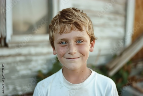 Closeup of a cheerful young boy with freckles smiling in front of a wooden house