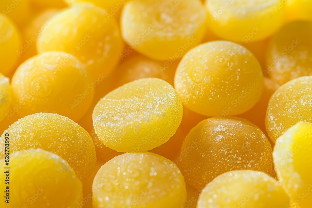 Zoomed-in view of yellow sour lemon drop candies Zoomed-in view of yellow sour lemon drop candies