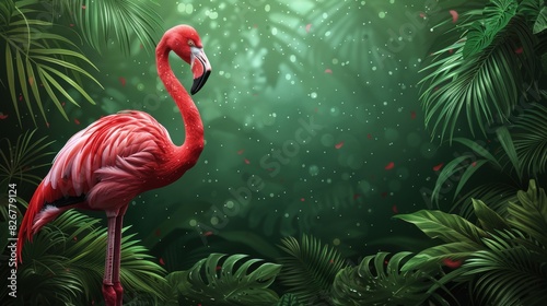Illustration of paradise slogan with flamingo on palm beach background © DZMITRY