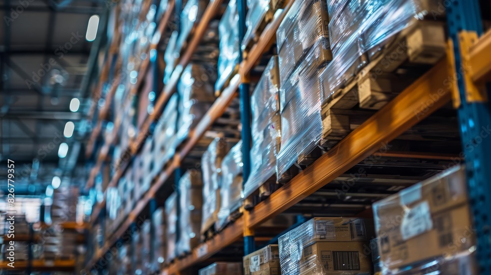 Warehouse filled with neatly organized shelves of products ready for ecommerce fulfillment, efficient and hightech