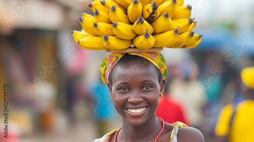 Fototapeta Naklejka Na Ścianę i Meble -  Close-up of cheerful African street vendor smiling while selling fresh bananas in the local market, emotions concept, banner