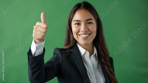 Happy businesswoman in formal wear giving a thumbs up. Positive woman in a suit on a green background. Concept of success and confidence. Professional portrait image. AI