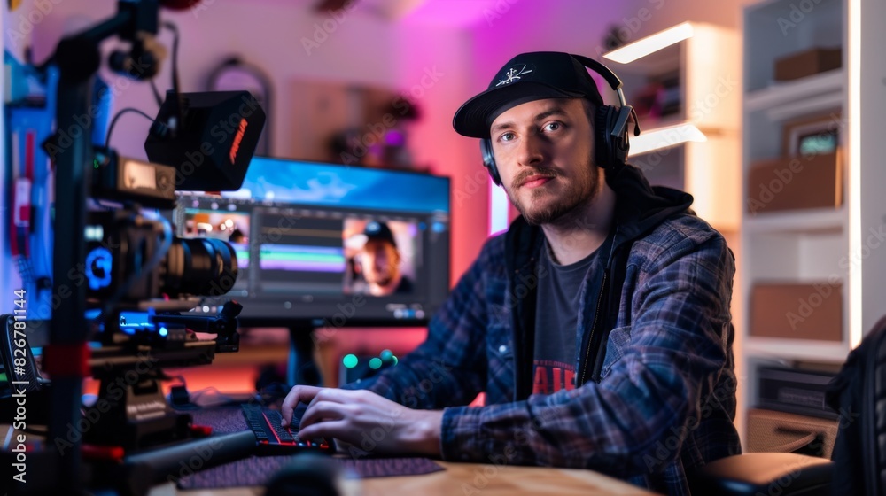 Content creator on his room. male streamer creating content from his bedroom Content creator on his room. male streamer creating content from his bedroom