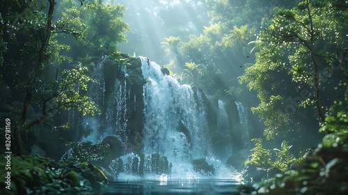 Landscape view of a forest with a waterfall