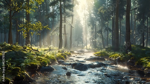 Landscape view of a forest with a stream and sunlight filtering through the trees under a clear sky photo