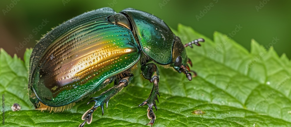 Macro shot of a vibrant green May beetle in its natural environment, insects pests concept, banner Macro shot of a vibrant green May beetle in its natural environment, insects pests concept, banner