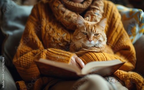 Elderly woman reading a book with her cat beside her, cozy living room, warm lighting, quiet and content moment, companionship, copy space photo