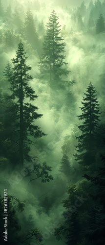 Enchanting misty forest landscape with tall evergreen trees shrouded in dense fog, creating a mysterious and serene atmosphere. © Mind