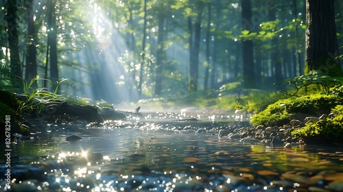 Landscape view of a forest with a river and sunlight filtering through