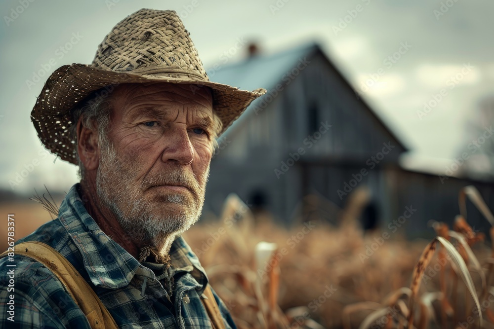 Portrait of a seasoned farmer with a straw hat standing in a cornfield Portrait of a seasoned farmer with a straw hat standing in a cornfield