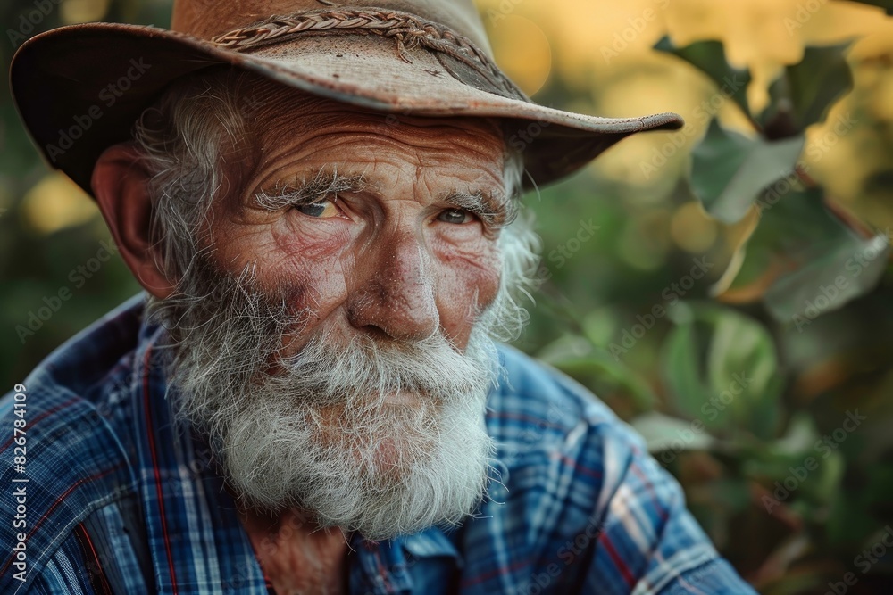 Portrait of a senior farmer with a weathered face wearing a cowboy hat, showcasing a life of hard work Portrait of a senior farmer with a weathered face wearing a cowboy hat, showcasing a life of hard work