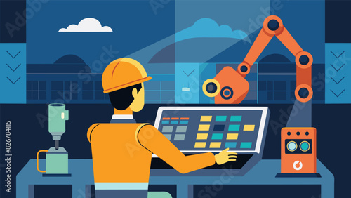 The control room operator oversees the robotic arm as it delicately moves bundles of fuel rods into the reactor core.. Vector illustration