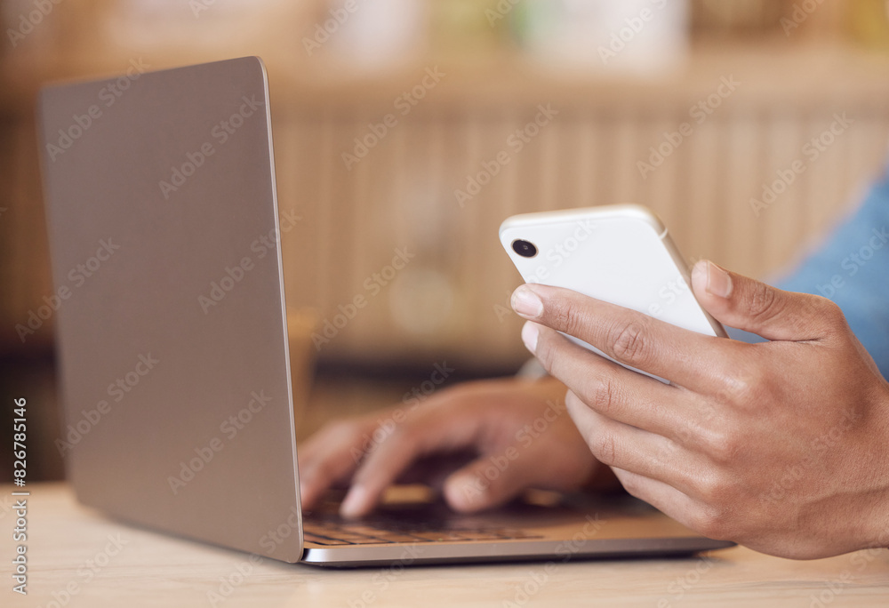 Man, hand and smartphone or working with laptop, typing and freelancer in internet cafe for research or text. Browse, networking and coffee shop for remote job on website, social media and scrolling Man, hand and smartphone or working with laptop, typing and freelancer in internet cafe for research or text. Browse, networking and coffee shop for remote job on website, social media and scrolling