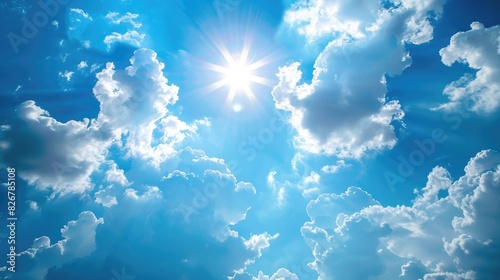 Scenic Beauty Blue Sky with White Clouds Shining in Sunlight