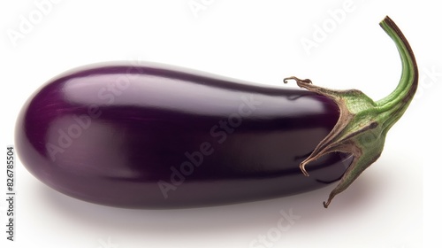 Plump purple eggplant with a shiny surface perfectly displayed on a white background in a studio setting