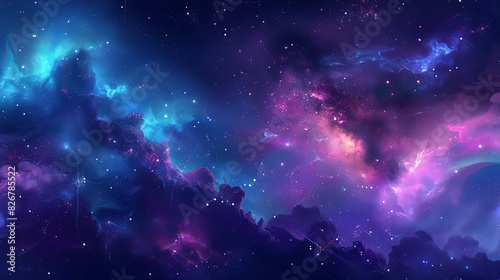 A space backdrop featuring a lifelike nebula and gleaming stars. A vibrant cosmos filled with stardust and the Milky Way. A galaxy of enchanting colors. photo