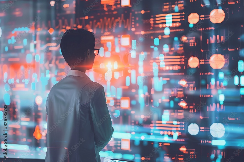 Futuristic Concept: Data scientist working with big data interfaces, in data lab, data patterns and analytics projections. Data science tech, interactive data visualization. , background blur Futuristic Concept: Data scientist working with big data interfaces, in data lab, data patterns and analytics projections. Data science tech, interactive data visualization. , background blur