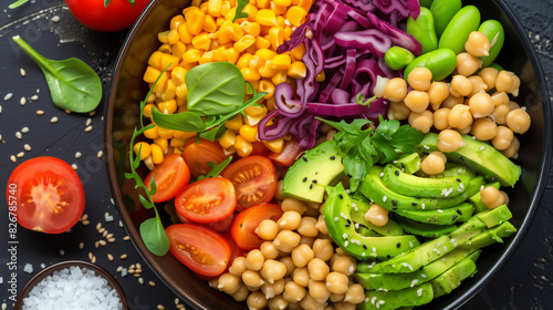 rich salad with mixed vegetables with legumes high protein and fat with avocado beans and chickpea in a ceramic pot