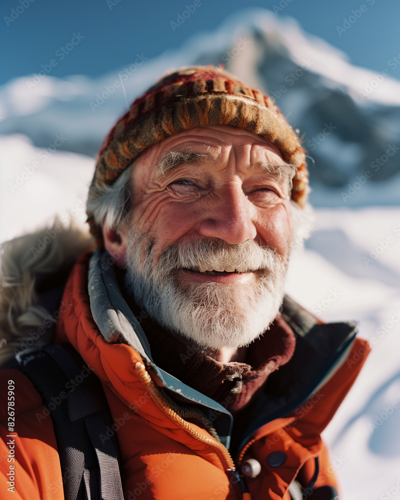 An elderly man in an orange jacket and goggles during a winter mountain hike. His beard is dusted with snow, with snowy mountains in the background. His expression shows determination and calm. An elderly man in an orange jacket and goggles during a winter mountain hike. His beard is dusted with snow, with snowy mountains in the background. His expression shows determination and calm.