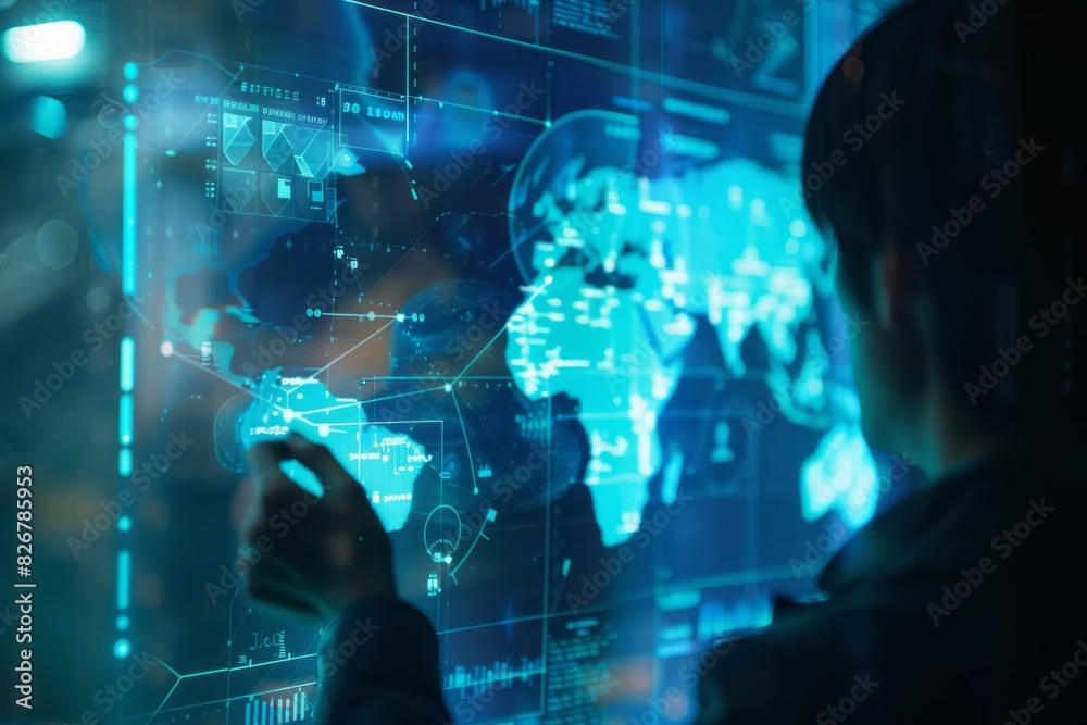 Futuristic Concept: Diplomat with international relations database, in embassy, diplomatic communications and treaties visualized. Diplomatic tech, relations data integration. , background blur Futuristic Concept: Diplomat with international relations database, in embassy, diplomatic communications and treaties visualized. Diplomatic tech, relations data integration. , background blur
