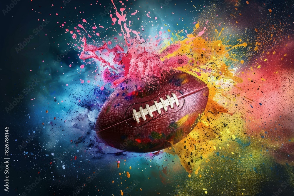 American football explodes with vibrant color splashes on a dark background, showcasing energy and motion American football explodes with vibrant color splashes on a dark background, showcasing energy and motion