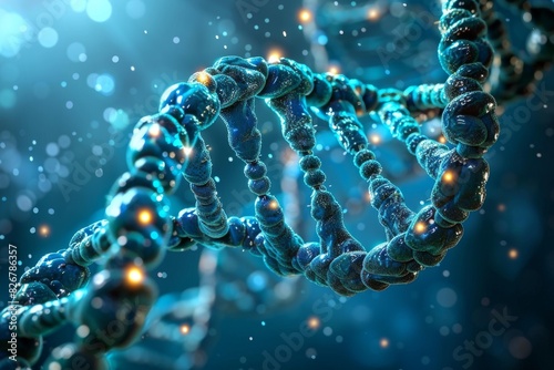 Deep blue helical DNA with dynamic lighting effects illustrates the continuous evolution of genetic research photo