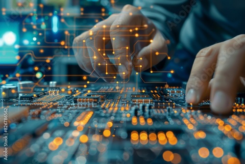 Futuristic Concept: Electrical engineer using circuit simulation software, in electronics lab, circuit designs and data flowing. Electrical engineering tech, circuit visualization. , background blur