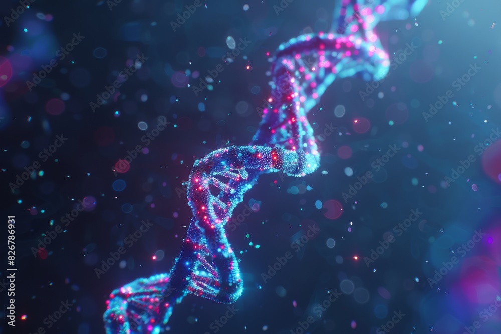 Neon magenta and blue DNA structure in a starry cosmos illustrates cutting edge genomic studies
