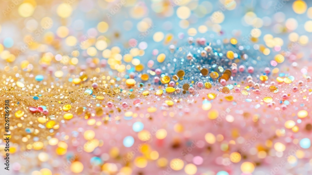 A colorful and sparkly background with gold and pink colors