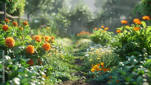 Landscape view of a community garden with vegetables and flowers
