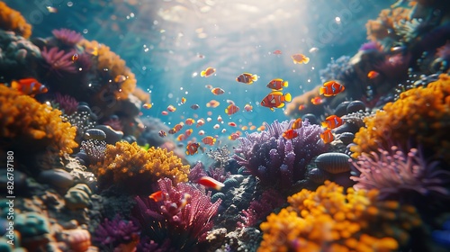 Landscape view of a coral reef thriving with marine life
